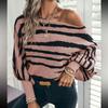 Women's Boat Neck Long Sleeve Zebra Striped Knit Sweater Loose Fit Casual Pullover Top