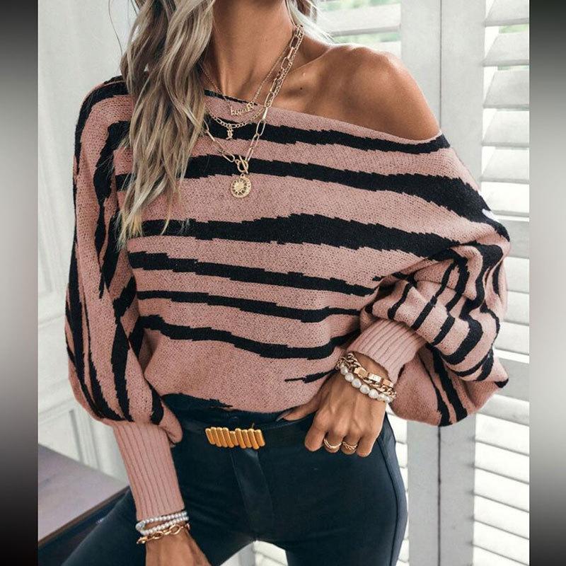Women's Boat Neck Long Sleeve Zebra Striped Knit Sweater Loose Fit Casual Pullover Top