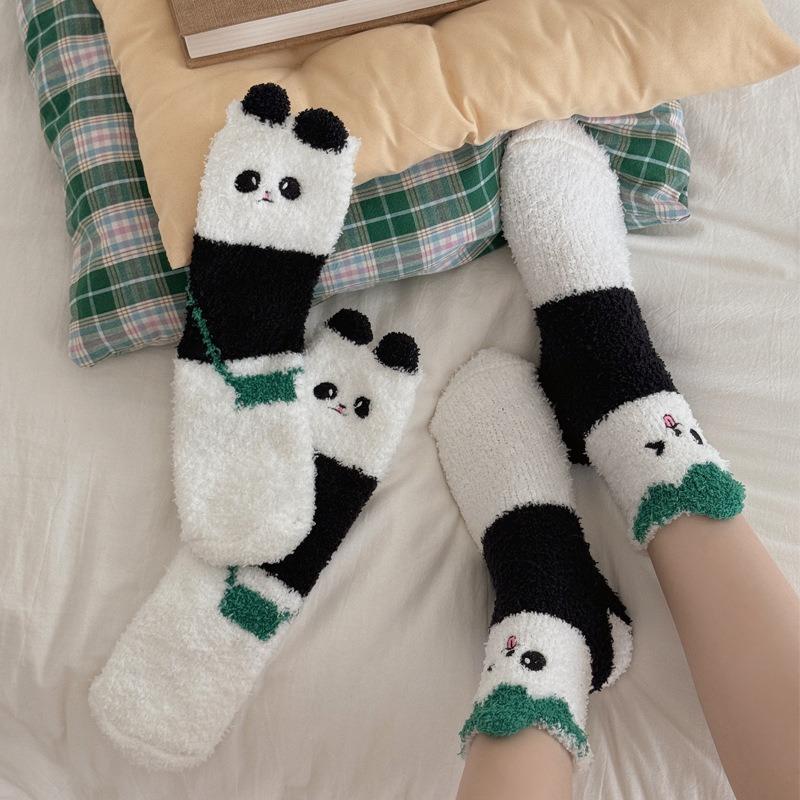 Autumn and Winter Coral Fleece Socks for Women's Home, Cute and Fluffy Panda Thickened Warm Sleep Socks, Floor Socks, Mid-calf Socks