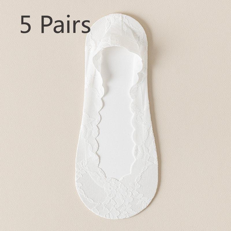 5 Pairs of Women's Spring Summer Thin Cotton Sole Lace Non Slip Boat Socks