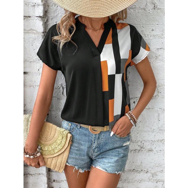 New Summer Women's Shirt V-neck Color-blocked Short-sleeved Casual and Comfortable Top