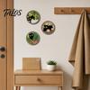 Green Plant Cat Wall Art 4Pcs/Set Plants Decorations, Farmhouse Cartoon Wooden Sign Kitten with Round Frame, Rustic for Living Room Decoration