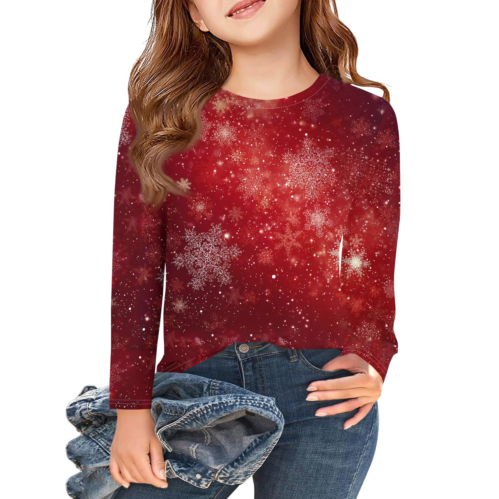 

Різдвяний день Футболки з довгим рукавом для дівчаток Дитячі осінні топи Круглий виріз З принтом Базові футболки 140 винний