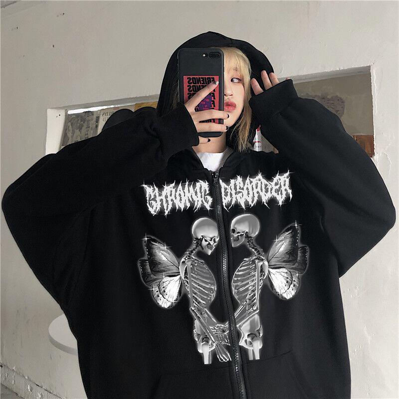 Cross-border new product spot skull wings hooded zipper sweater women's fleece thickened loose sports cardigan sweater women's