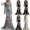 Floor Length Dress Women Skeleton Print Maxi Dress, Gothic Long Sleeve with Evening 3D Flower Decor, Velvet Floral for Halloween Costume Party