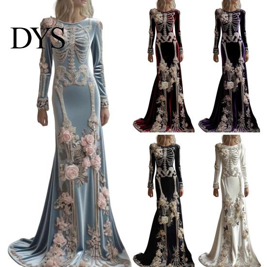 Floor Length Dress Women Skeleton Print Maxi Dress, Gothic Long Sleeve with Evening 3D Flower Decor, Velvet Floral for Halloween Costume Party