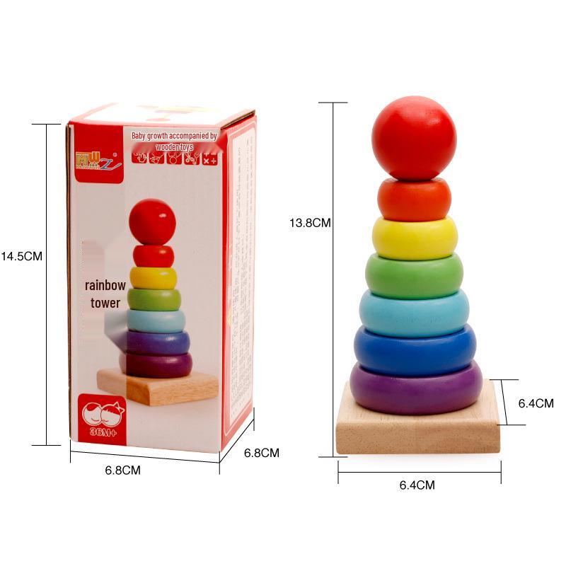 

Large Wooden Rainbow Tower: Seven-Color Stacking Rings Educational Toy for Children