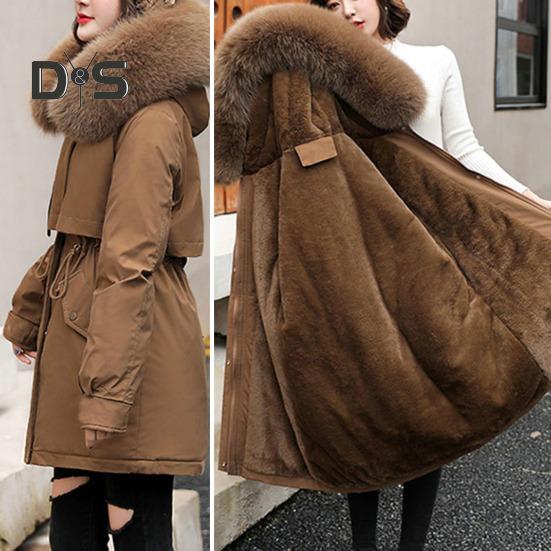 Women Coat Hooded Winter Jacket with Faux Fur Collar Warm Fashionable Zipper Closure Coat for Autumn Winter