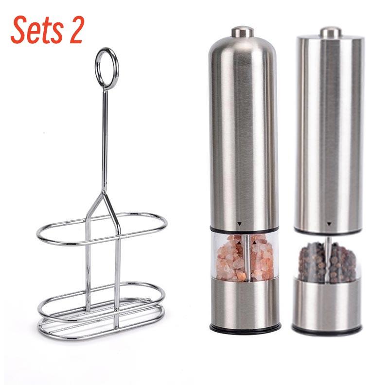Electric Salt Grinder Set with Steel Shelf,Stainless Steel Pepper Mill with LED Light,Adjustable Coarseness Pepper Grinder Tools