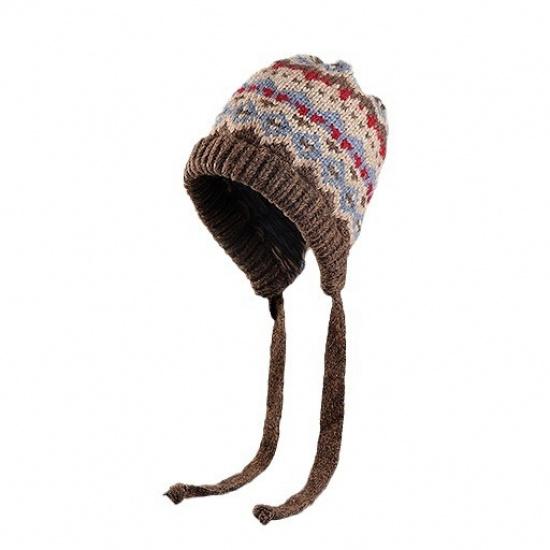 Adjustable vintage jacquard ethnic style women's autumn and winter tie-back ear-protecting knitted warm versatile beanie hat