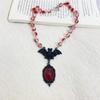 Punk Temperament Black Bat Blood-colored Crystal Pendant Round Bead Necklace for Women Halloween Party Gothic Vampire Jewelry