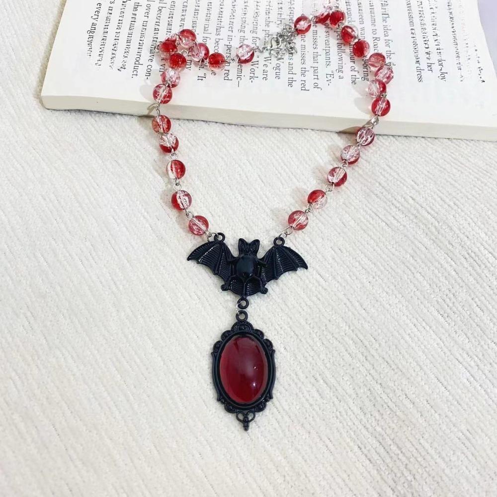 Punk Temperament Black Bat Blood-colored Crystal Pendant Round Bead Necklace for Women Halloween Party Gothic Vampire Jewelry
