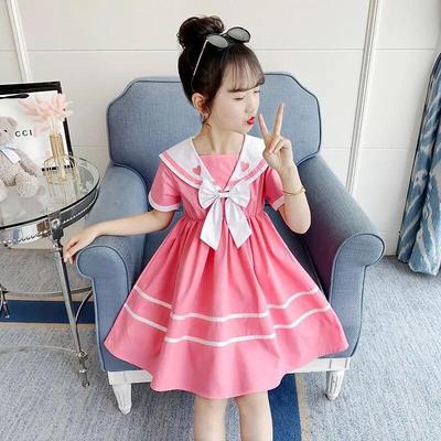 Girls' Navy Collar A-Line Bow Dress - Summer College Style, Short-Sleeved Skirt for Tweens