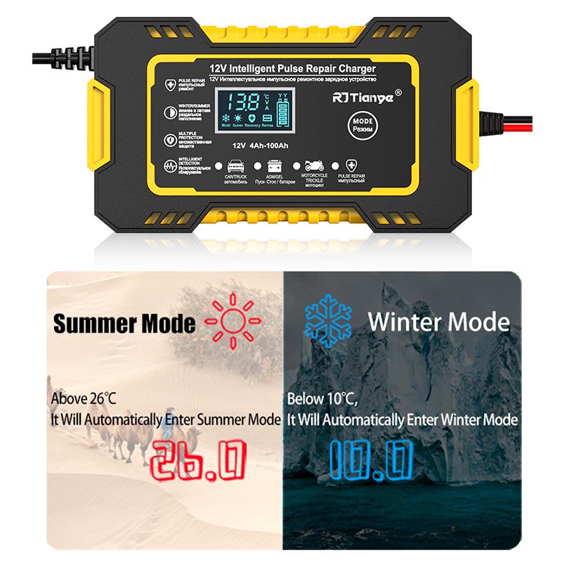 Car Battery Charger 12V 6A Touch Screen Pulse Repair LCD For Auto Moto Fast Power Charging Wet Dry Lead Acid Digital LCD Display