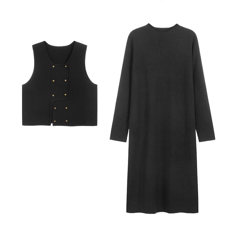 Плюс Размер Половина Высокий воротник Платье Женский Жилет Зимний Трикотажный Костюм XL чёрный
