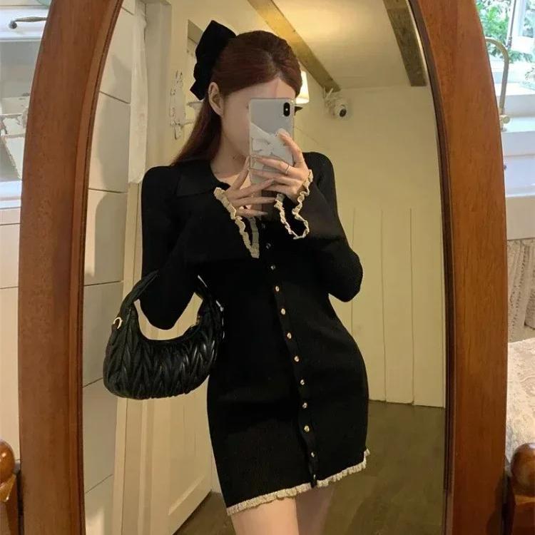 Vestido preto de primavera mini cabaré feminino estilo coreano Y2k babados doces manga longa túnica de malha vestidos de outono