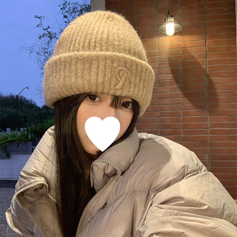 Solid Color Wool Hat Women's Autumn and Winter Ear Protection Thickened Cold and Warm Cold Hat Big Head Circumference Simple Versatile Knitted Wool