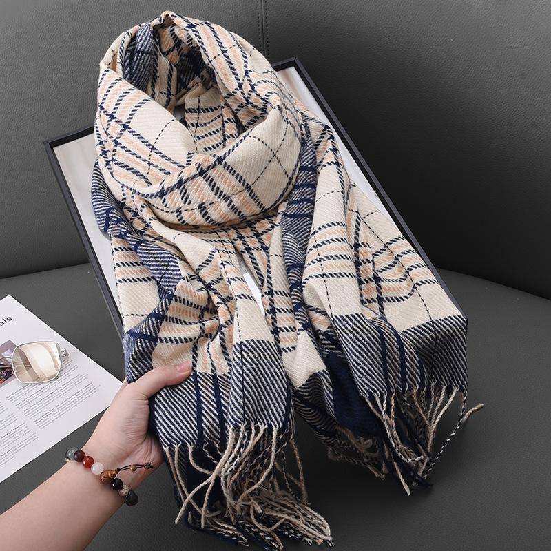Höst Och Vinter Studentmode Randig Ram Rutig Halsduk Japansk Och Koreansk Dam Kasmir Fransad Varm Sjal Halsduk