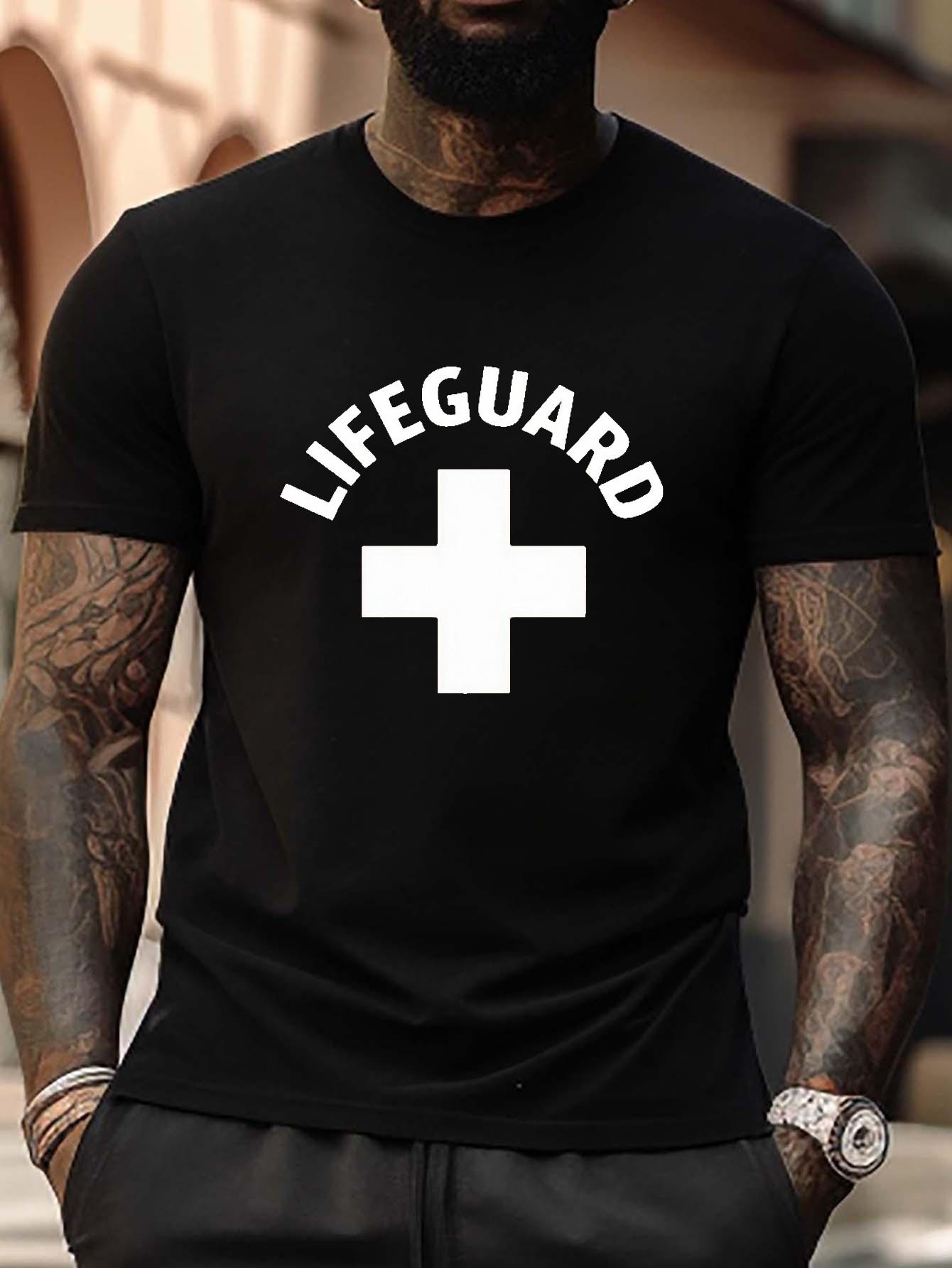 

Lifeguard Cross Graphic T-shirt - Black with White Lettering - Heavyweight Fabric for Beach S