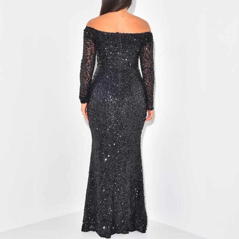 Damen Übergröße schulterfrei Pailletten Maxikleid Langarm Bodycon Meerjungfrau Abendkleid