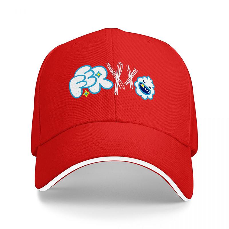 FR X K Logo Baseball Cap Black with Blue and White Graphic Design Stylish Urban Streetwear Accessory for Unisex and Women