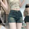 American Retro Slimming Denim Shorts for Women - Patchwork, Adjustable Buckle, Hip-Lifting, Trendy Summer Style.