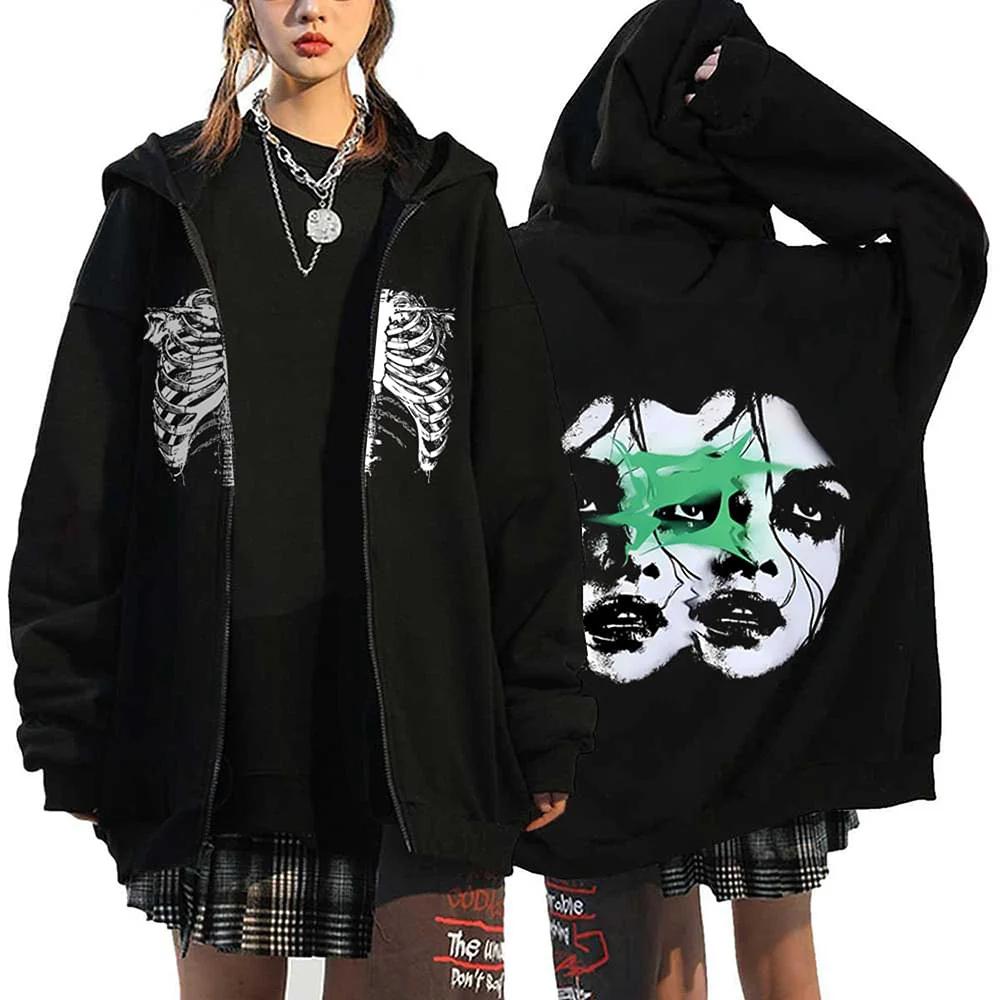 Y2k Kleding Oversized Herfst Winter Fleece Rits Hoodies Gothic Zip Up Sweatshirt Mannen Vrouwen Losse Jassen Hip Hop Streetwear