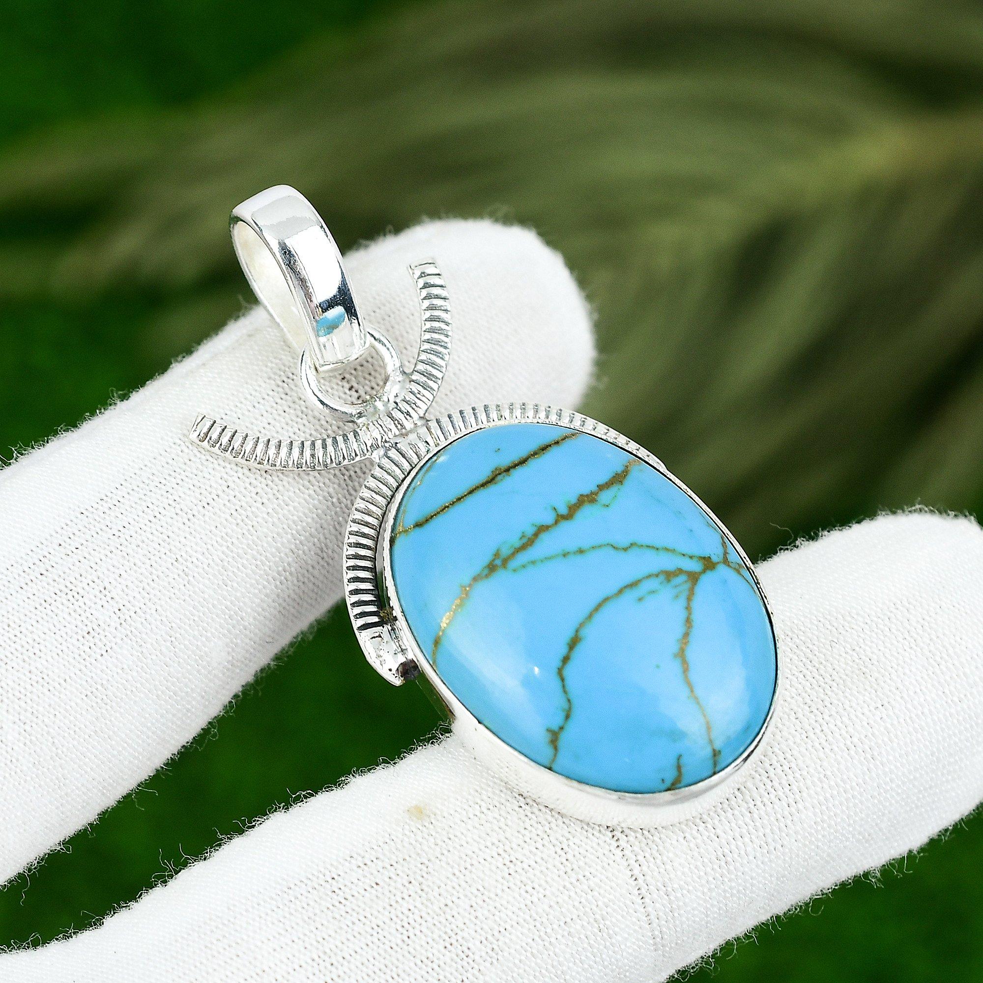 

925 Silver Oval Natural Copper Blue Turquoise Sister Bezel Boho Birthday Pendant