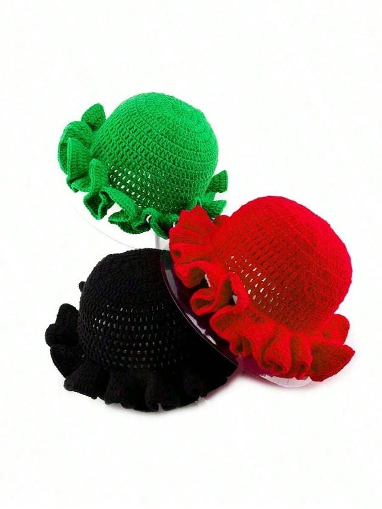 1pc Solid Color Hand-Knitted Crochet Cap, Bohemian Style Pleated Floppy Hat With Ruched Brim