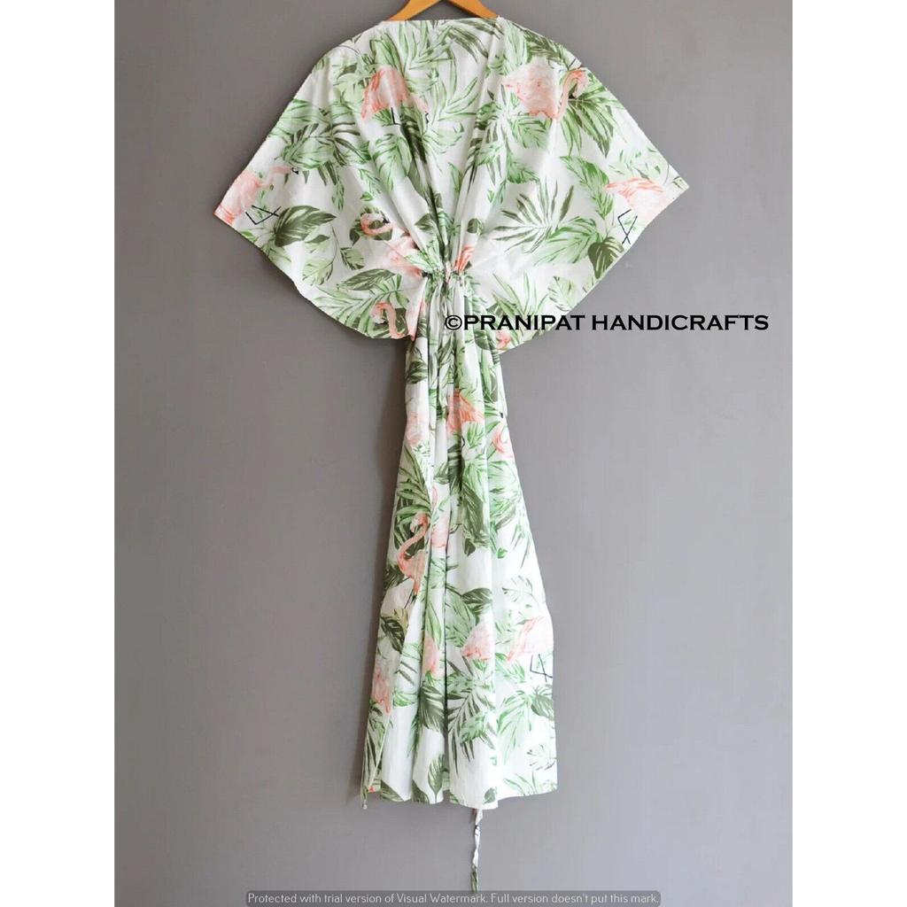 Damen Hippie Baumwolle Sommer Nachtwäsche Flamingo Print Weiß Langes Maxi Kaftan Kleid CKFTN-SCRN-FULL-BUYIT-095