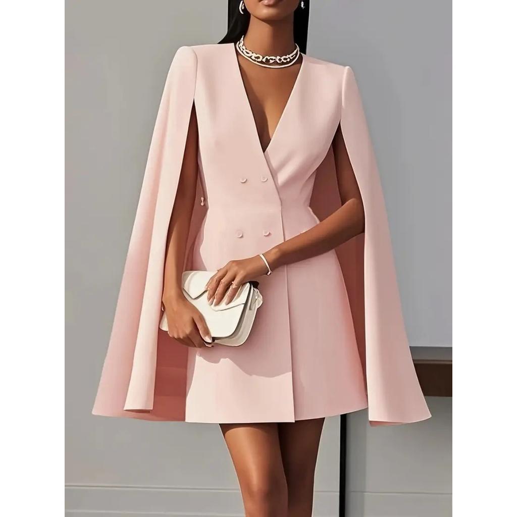 Fall Women's Double Breasted Shawl Cape Solid Color Blazer Dress, Daily Outfit Crossborder Female Clothing