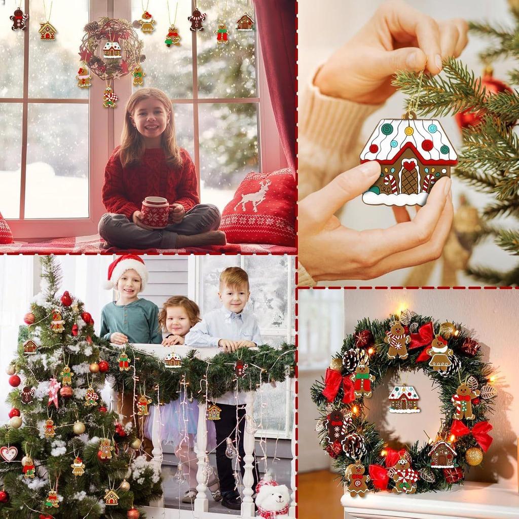 16Pcs Christmas Decorations, Gingerbread House Ornaments, Festive Tree Hanging Decor for Holiday Party, Classroom and Office, Family Activity
