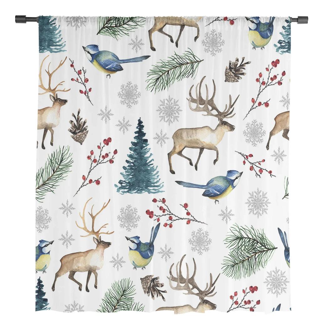 Christmas Elk Pine Berry Bird Voile Curtains For Bedroom Tulle Window Curtain For Living Room Sheer Curtains Blinds Drapes