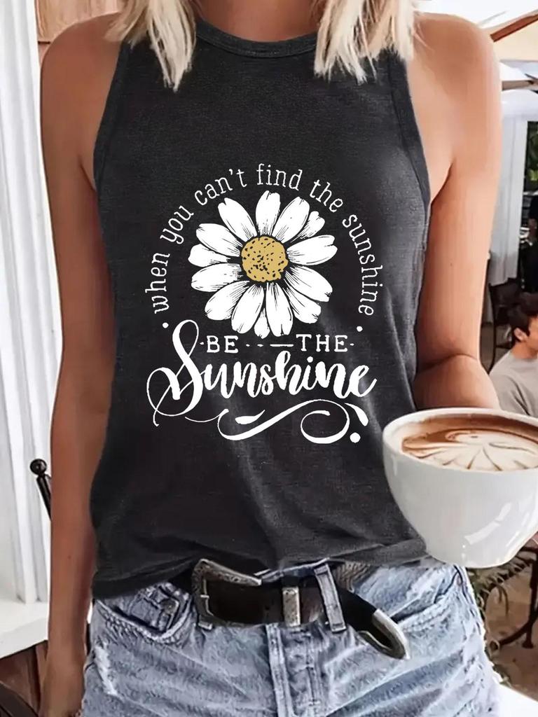 Floral Print Sleeveless Round Neck Women's T-Shirt Pullover Vest for Spring/Summer