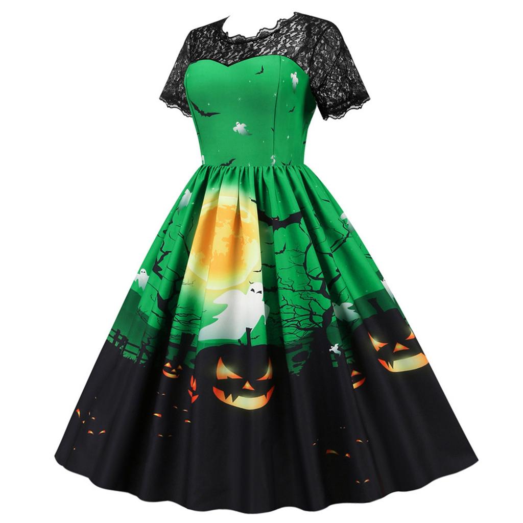 Women's Casual Halloween Print V-Neck Zip Short Sleeve Lace Panel Swing Dress