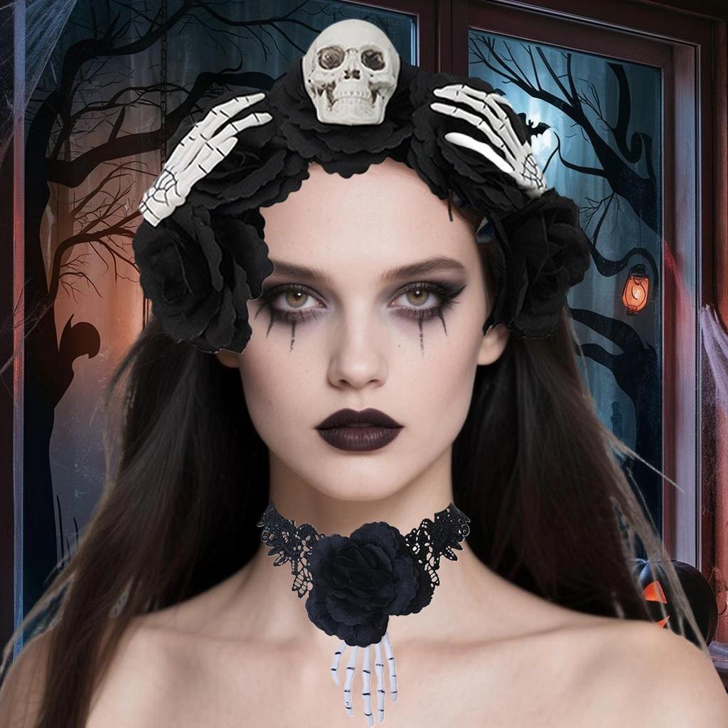 Gothic Lace Necklace Black Hair Hoop Gothic Lace Choker Soft Goth Headdress Halloween Cosplay Supplies For Theme Events Holidays