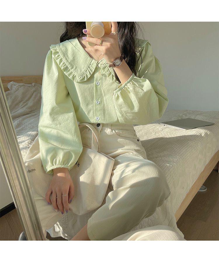 Damen Gelbes Milch Langarmshirt, Französischer Retro Puppenkragen, Schickes Frühling/Herbst Design, Süßer und Nischenstil.