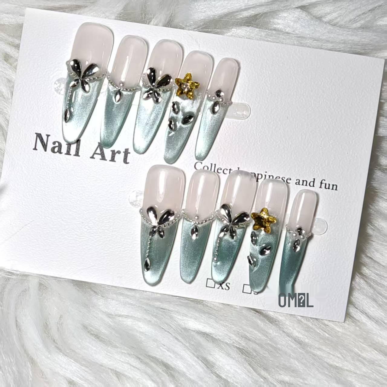 

**Весенний эльф Свежая мята Бусины из кошачьего глаза для маникюра** Extra Small