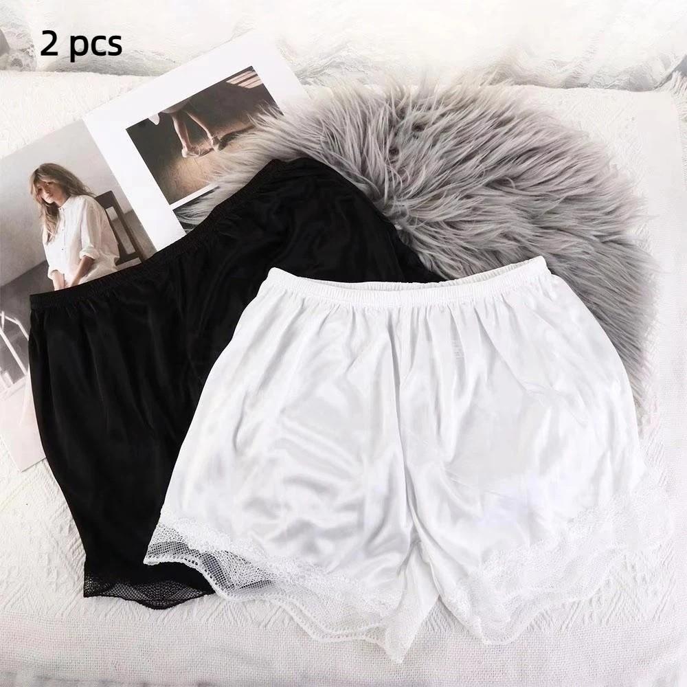 2Pcs Thin Home Pants Breathable Satin Shorts Cool Lace Safety Pants Homewear