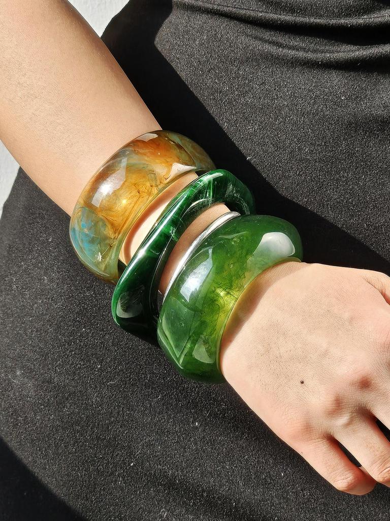 Retro Geometric Irregular Square Green Smudge Chunky Resin Bracelet for Women Girl Vintage Bangle HUANZHI 2025 NEW