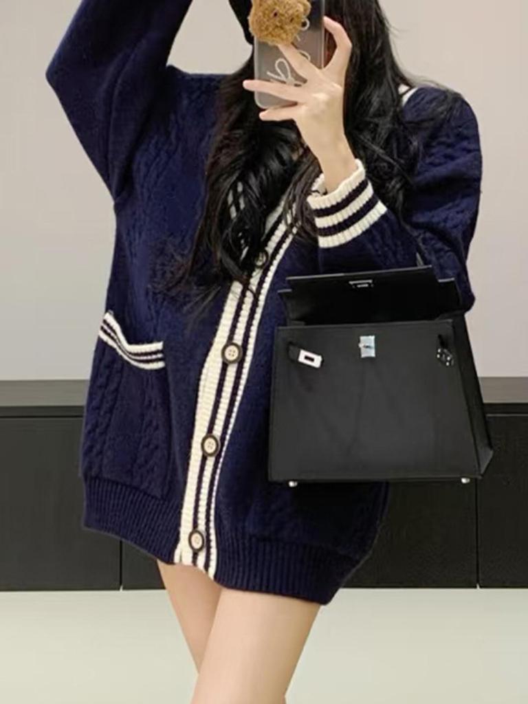 Navy Blue Women's V-neck Pure Cashmere Cardigan Sweater, Autumn/Winter, Loose Striped Design