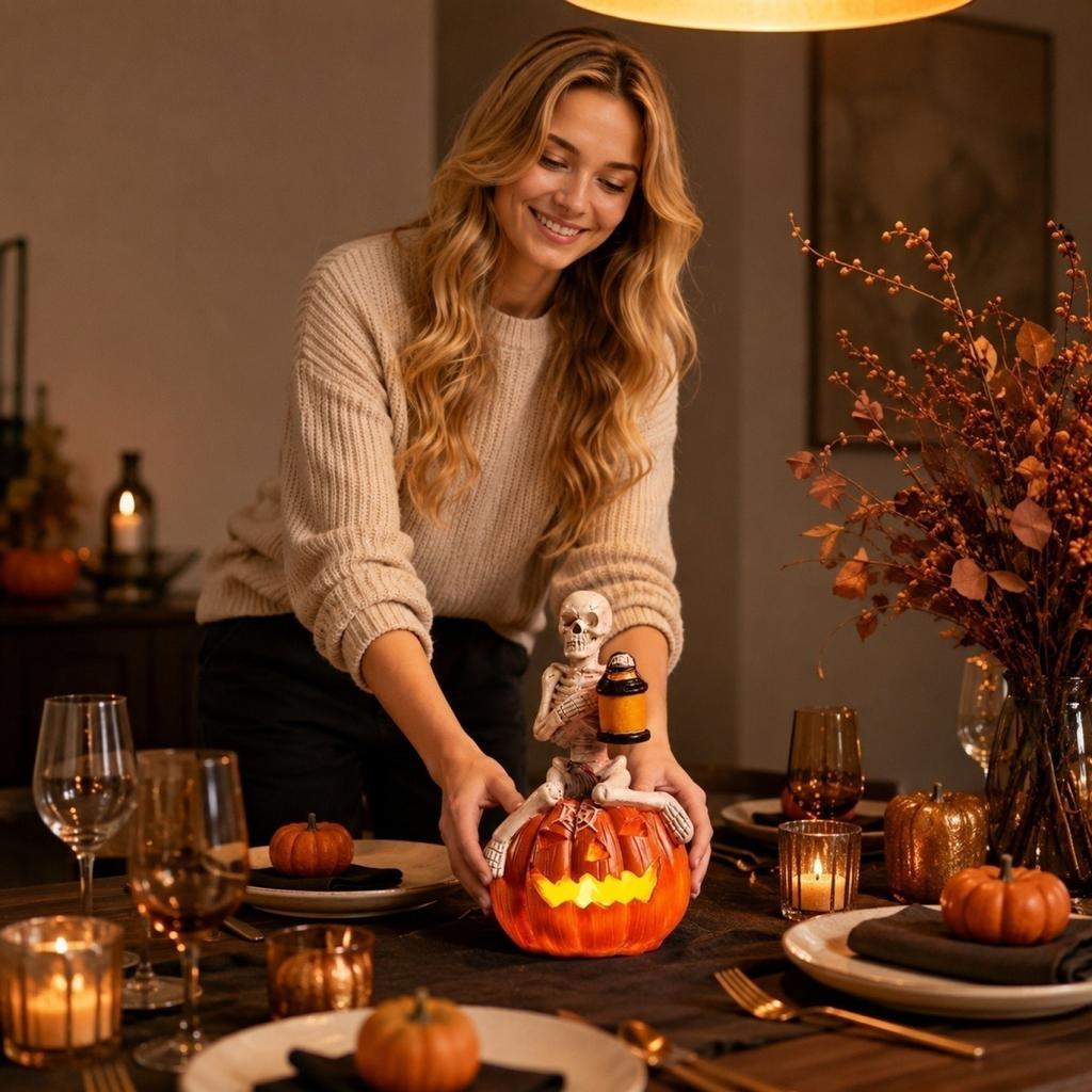 LED Light Up Pumpkin Skeleton Figurine Halloween Tabletop Decoration with Lantern for Indoor Outdoor Festival Display Prop