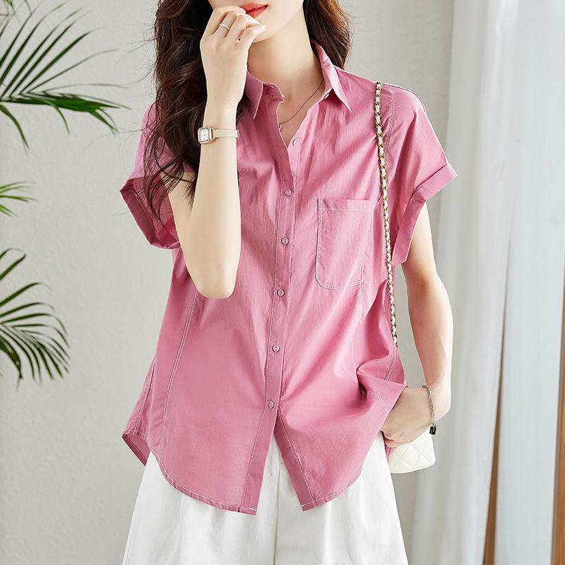 Pink and Purple Shirt for Women's Short-sleeved Summer New Korean Style Fashionable Age-reducing Top Pure Cotton Casual Chic Shirt
