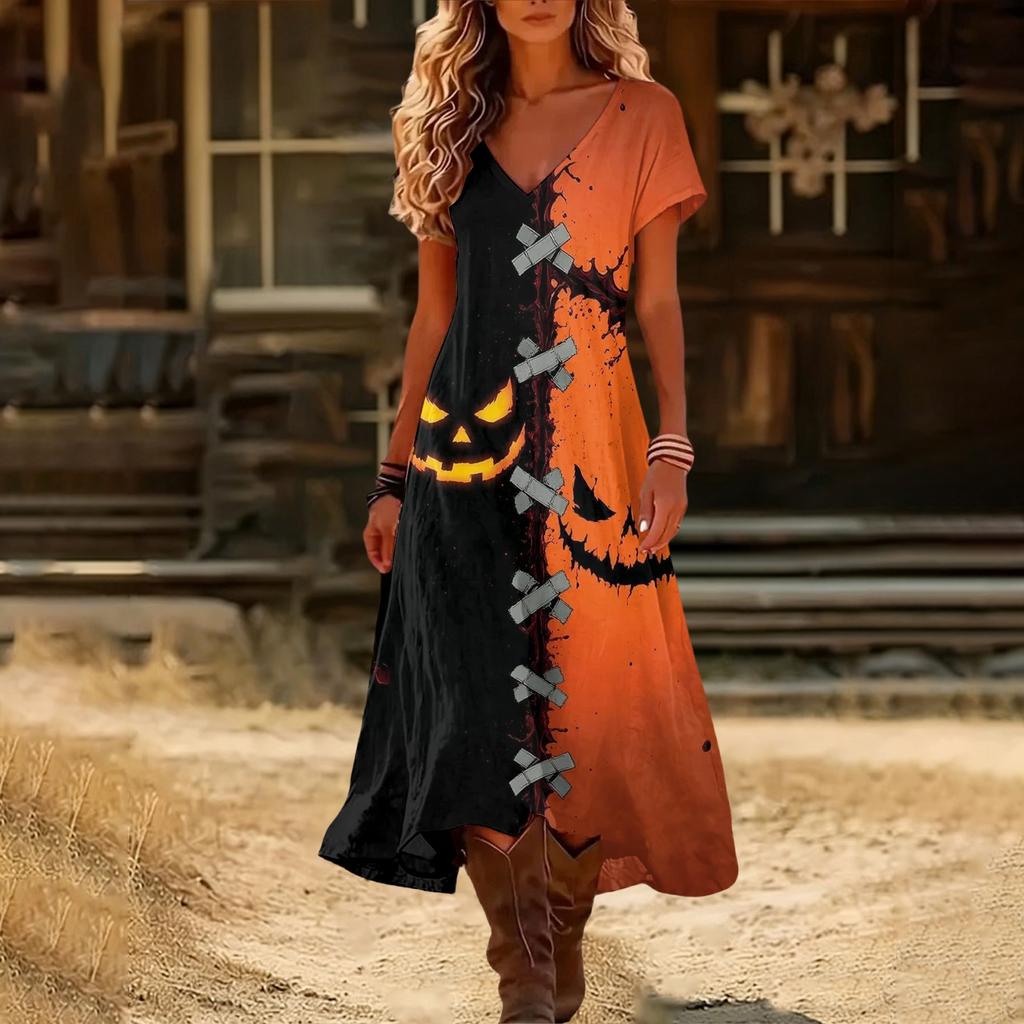 Womens V Neck Short Sleeve Midi Dress Halloween Pumpkin Print Vintage Style Casual Beach Wear Split Hem Summer Dress