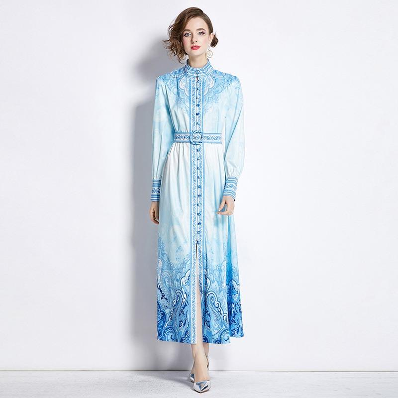 

Весна Осень Женские Винтажные Платья с Принтом для Подиума Воротник-стойка Однобортное Длинное Макси Вечернее Платье для Выпускного L синий