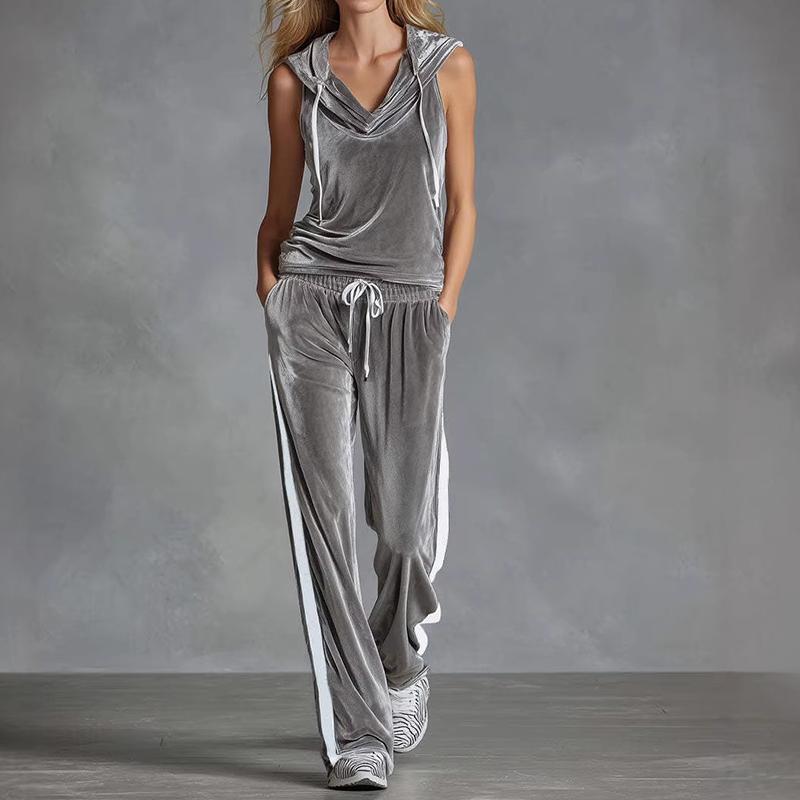 

Summer Casual Women Two Piece Set Women Sleeveless Hooded Top and Long Pants Set Fashion Solid Color Velvet Tracksuit Women Suit XXS