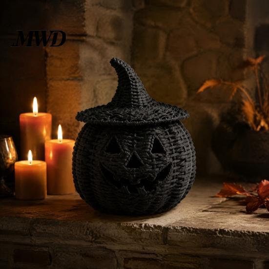 Handcrafted Woven Pattern Pumpkin Halloween Resin Basket, Faux Lantern Ornament, Spooky Party Favors Black Candy Jar for Tabletop Mantel Decor