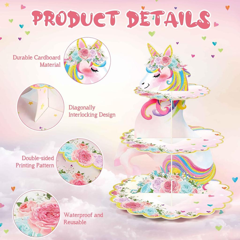 3 Tier Unicorn Cupcake Stand Party Decorations Rainbow Unicorn Birthday Cupcake Holder Dessert Tower for Kids Party Baby Shower Wedding Family, Cute