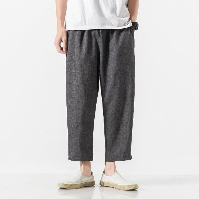 2025 Summer Men's Plus Size Cotton Linen Cropped Trousers - Chinese Style, Japanese Loose Fit, Casual Straight Pants