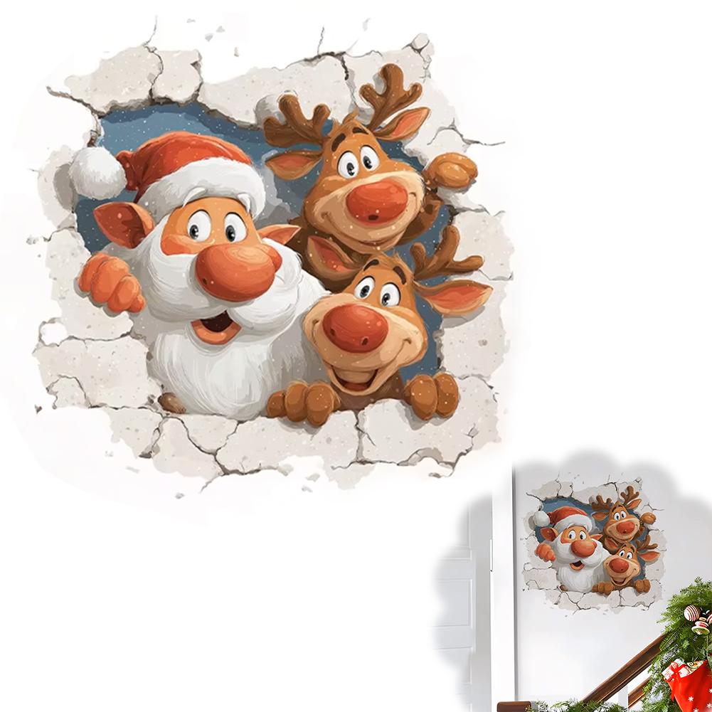 Cartoon Broken Wall Santa Claus Wall Sticker For Christmas Room Background Decor Mural New Year Decoration Self-adhesive Sticker